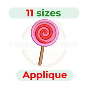 Fun and colorful Lollipop Applique Embroidery Design in 11 sizes from 2.5" (64mm) to 7.5" (191mm). Perfect for kids’ clothes, candy shop projects, kitchen towels, aprons, quilts, and playful gifts. Instant digital download for embroidery machines.