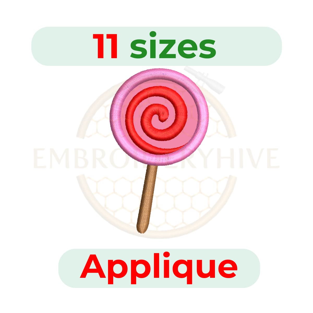 Fun and colorful Lollipop Applique Embroidery Design in 11 sizes from 2.5" (64mm) to 7.5" (191mm). Perfect for kids’ clothes, candy shop projects, kitchen towels, aprons, quilts, and playful gifts. Instant digital download for embroidery machines.