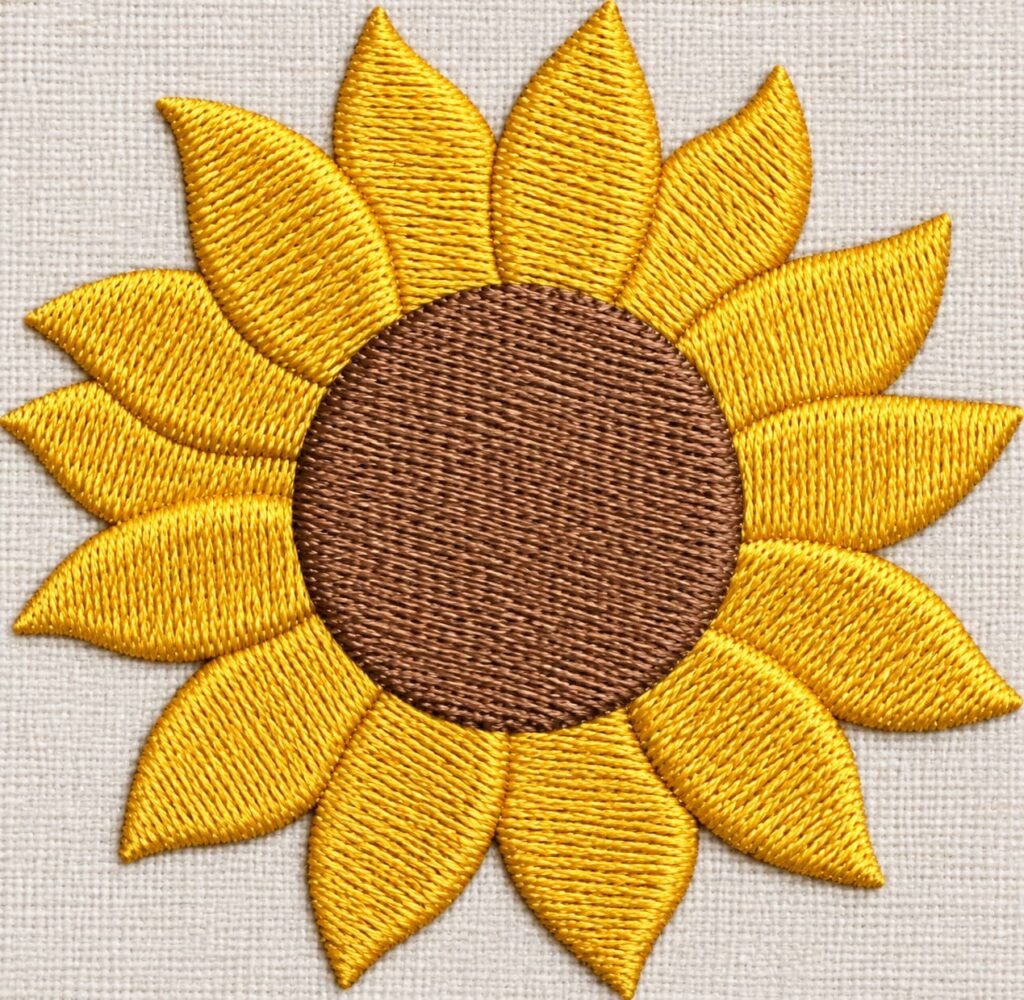 Sunflower machine embroidery design stitched on fabric