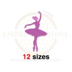 Ballerina Dancer embroidery design in 12 sizes, ranging from 2 to 7.5 inches, perfect for creating elegant dancer silhouettes.