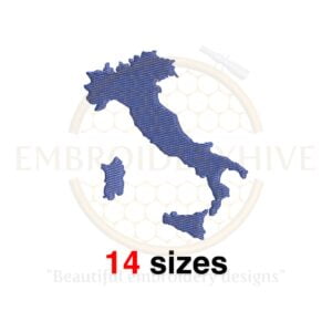 Italy map embroidery design with filled stitch, available in 14 sizes from 1 to 7.5 inches in height. Perfect for travel and cultural projects.