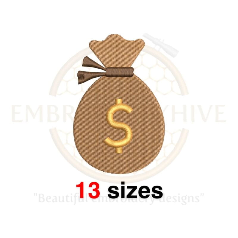 Money bag silhouette embroidery design in 13 sizes for machine embroidery projects