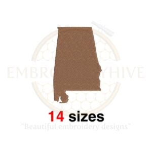 Alabama embroidery design with a fill stitch, available in 14 sizes from 1 to 7.5 inches in height. Perfect for state-themed projects.