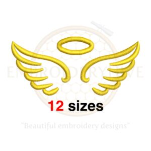 Angel Wings embroidery design featuring 12 sizes from 2 to 7.5 inches wide, perfect for adding an ethereal touch to your projects.