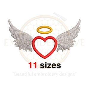 Angel Heart embroidery design featuring a heart with wings, available in 11 sizes. Perfect for Valentine’s Day and romantic-themed projects.