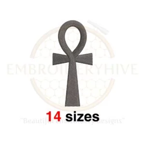 Ankh symbol embroidery design in 14 sizes, from 1 to 7.5 inches, ideal for Egyptian-themed projects.