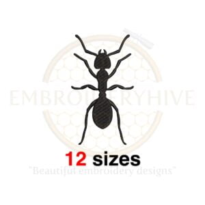 Ant embroidery design featuring an ant silhouette, available in 12 sizes from 2 to 7.5 inches, ideal for insect-themed projects.