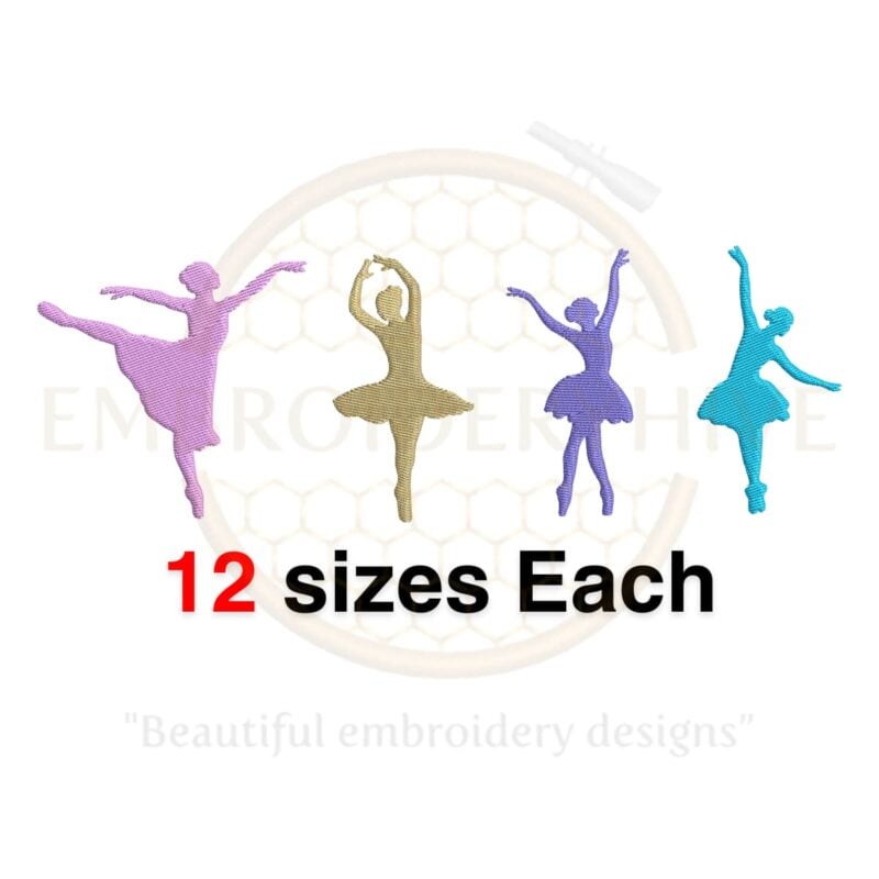 Set of 4 ballerina dancer silhouette embroidery designs in 12 sizes, ranging from 2 to 7.5 inches in height, perfect for ballet-themed projects.