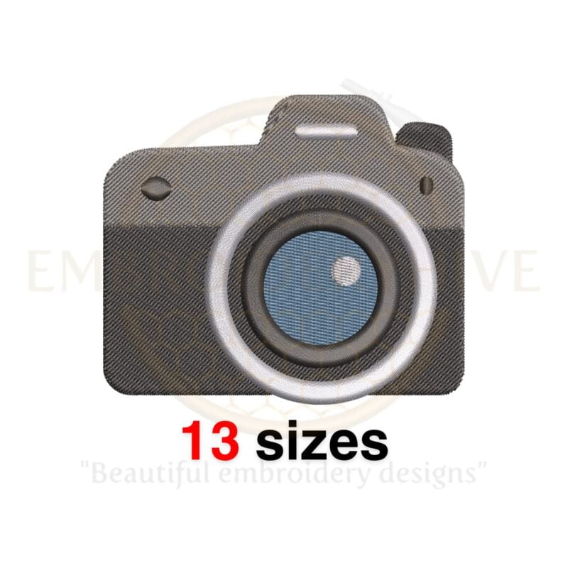 Camera embroidery design featuring a silhouette, available in 13 sizes ranging from 2.5 to 7.5 inches.