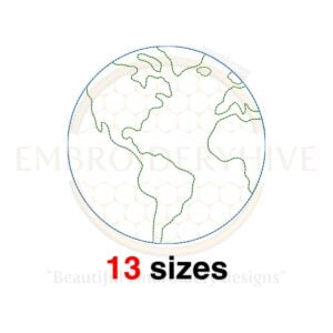 Earth outline embroidery design featuring a globe silhouette, available in 13 sizes from 1.5 to 7.5 inches in width/height, perfect for global-themed projects.