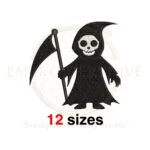 Grim Reaper embroidery design featuring a detailed silhouette, available in 12 sizes ranging from 2 to 7.5 inches.