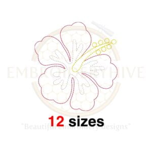 Hibiscus outline embroidery design in 12 sizes, ranging from 2 to 7.5 inches in height, ideal for floral machine embroidery projects.