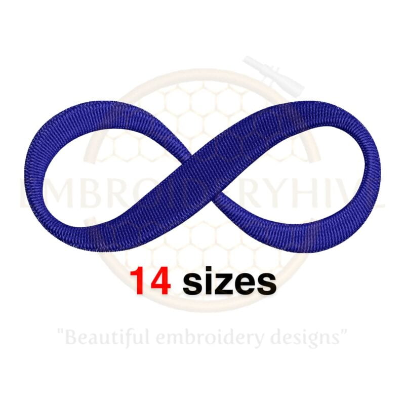 Infinity Symbol embroidery design, available in 14 sizes from 1 to 7.5 inches, ideal for monograms and symbolic designs.