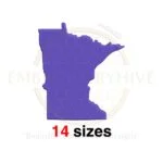 Minnesota state map embroidery design with filled stitch, available in 14 sizes from 1 to 7.5 inches in height. Ideal for state-themed embroidery projects.