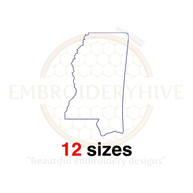 Mississippi map embroidery design with filled stitch, available in 12 sizes from 2 to 7.5 inches in height, perfect for state-themed projects.