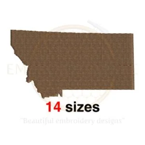 Montana state map embroidery design with filled stitch, available in 14 sizes from 1 to 7.5 inches in width. Perfect for state-themed projects.