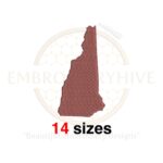 New Hampshire state map embroidery design with filled stitch, available in 14 sizes from 1 to 7.5 inches in height. Perfect for state-themed embroidery projects.