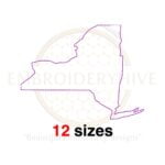 New York map embroidery design with filled stitch, available in 14 sizes from 1 to 7.5 inches in height, perfect for state-themed embroidery projects.