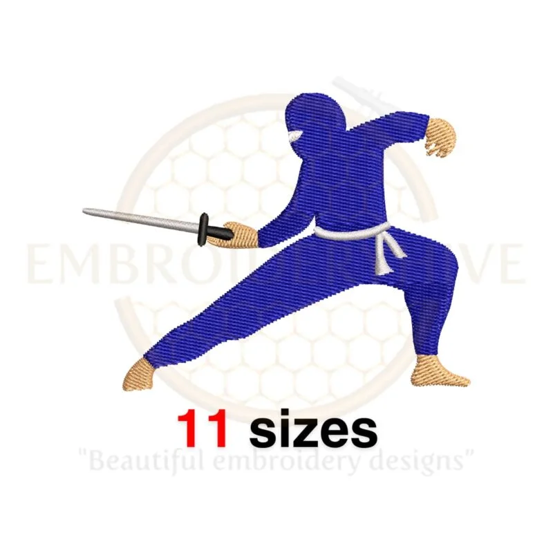 Ninja embroidery design featuring a mini ninja silhouette, available in 11 sizes from 2.5 to 7.5 inches. Perfect for martial arts-themed projects.