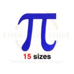 Pi symbol embroidery design in 15 sizes, ranging from 0.75 to 7.5 inches, perfect for mathematical and science-themed projects.