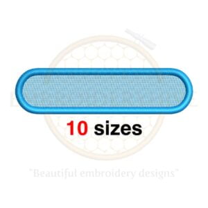 Rounded rectangle embroidery design in 10 sizes, ranging from 3 to 7.5 inches in width, ideal for name tags and basic shapes.