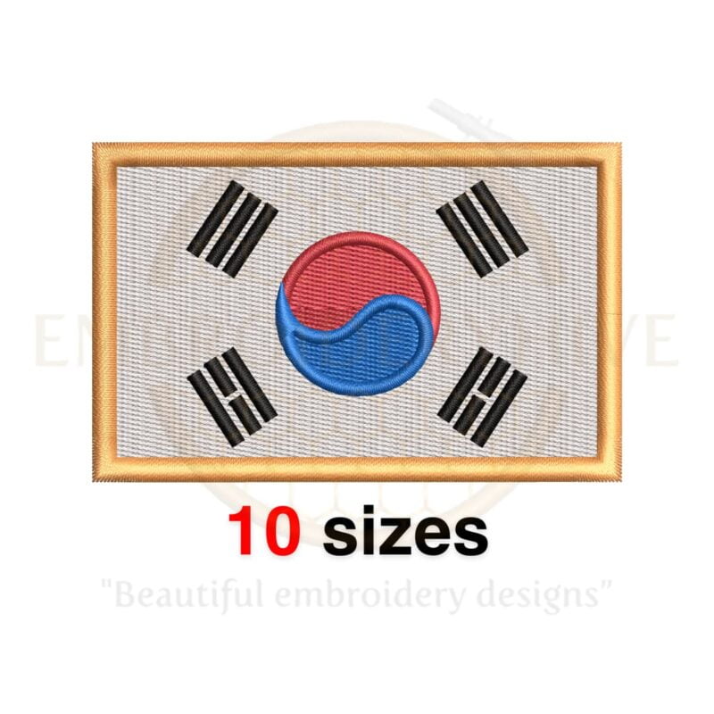 South Korea flag embroidery design in 10 sizes, from 3 to 7.5 inches wide, perfect for patriotic and cultural projects.