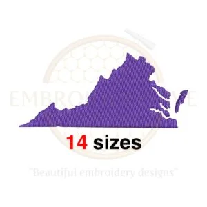 Virginia state map embroidery design with filled stitch, available in 14 sizes from 1 to 7.5 inches in width. Ideal for state-themed embroidery projects.