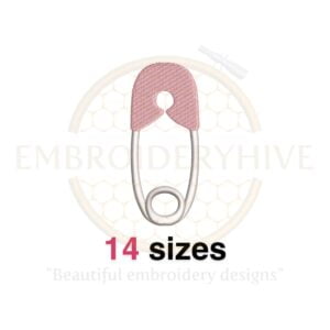 Diaper pin embroidery design in 14 sizes, from 1 to 7.5 inches, ideal for baby-themed embroidery projects.