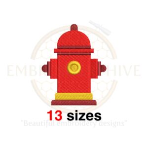 Fire Hydrant embroidery design in fill stitch, available in 13 sizes from 1.5 to 7.5 inches, ideal for fireman and firefighter-themed projects.