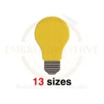 Light Bulb embroidery design available in 13 sizes from 1.5 to 7.5 inches, offered in multiple formats for machine embroidery projects.