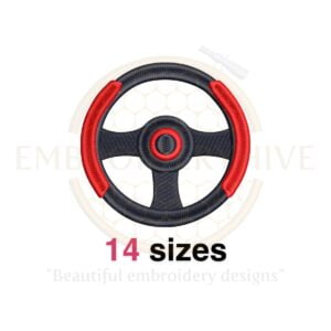 Steering wheel silhouette embroidery design, available in 14 sizes, perfect for baby boy-themed embroidery projects.