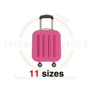 Suitcase embroidery design in 11 sizes, from 2.5 to 7.5 inches, available in multiple formats for machine embroidery.