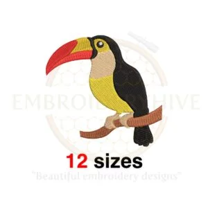 Toucan embroidery design in filled stitch, featuring 13 sizes for tropical-themed projects.