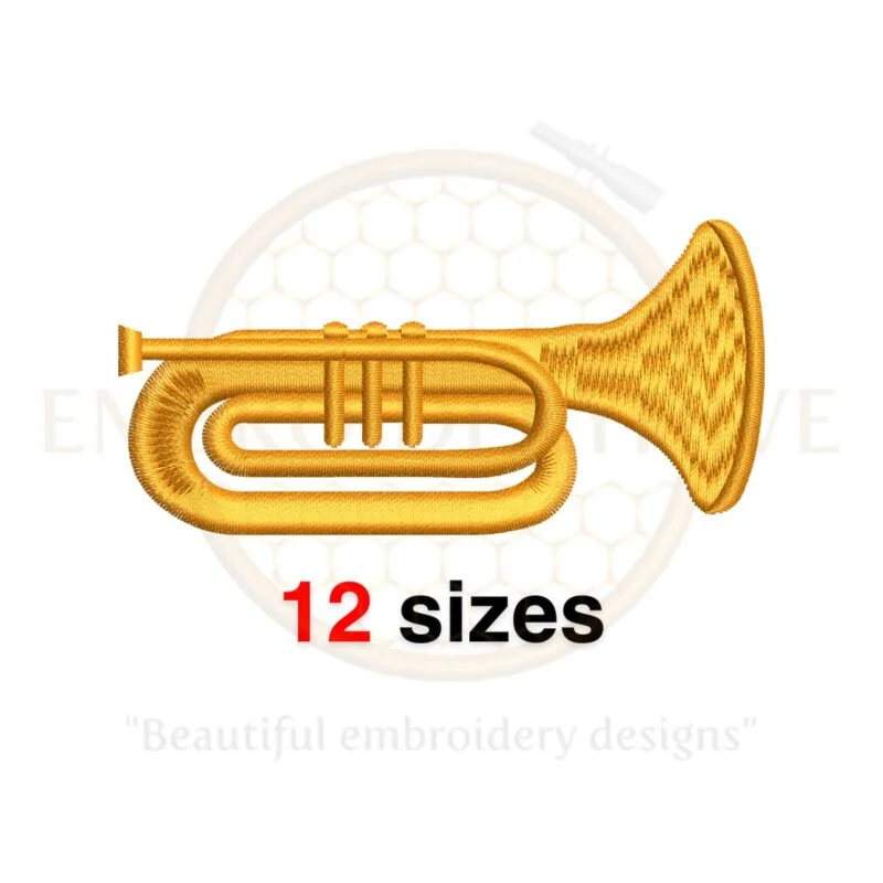 Trumpet embroidery design featuring 12 sizes from 2 to 7.5 inches, available in multiple formats for machine embroidery projects.