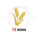 Wheat stalk embroidery design, featuring a detailed silhouette in fill stitch. Available in 12 sizes from 2 to 7.5 inches in height.