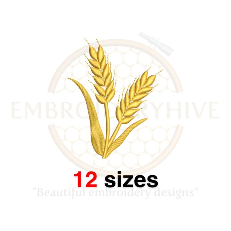 Wheat stalk embroidery design, featuring a detailed silhouette in fill stitch. Available in 12 sizes from 2 to 7.5 inches in height.