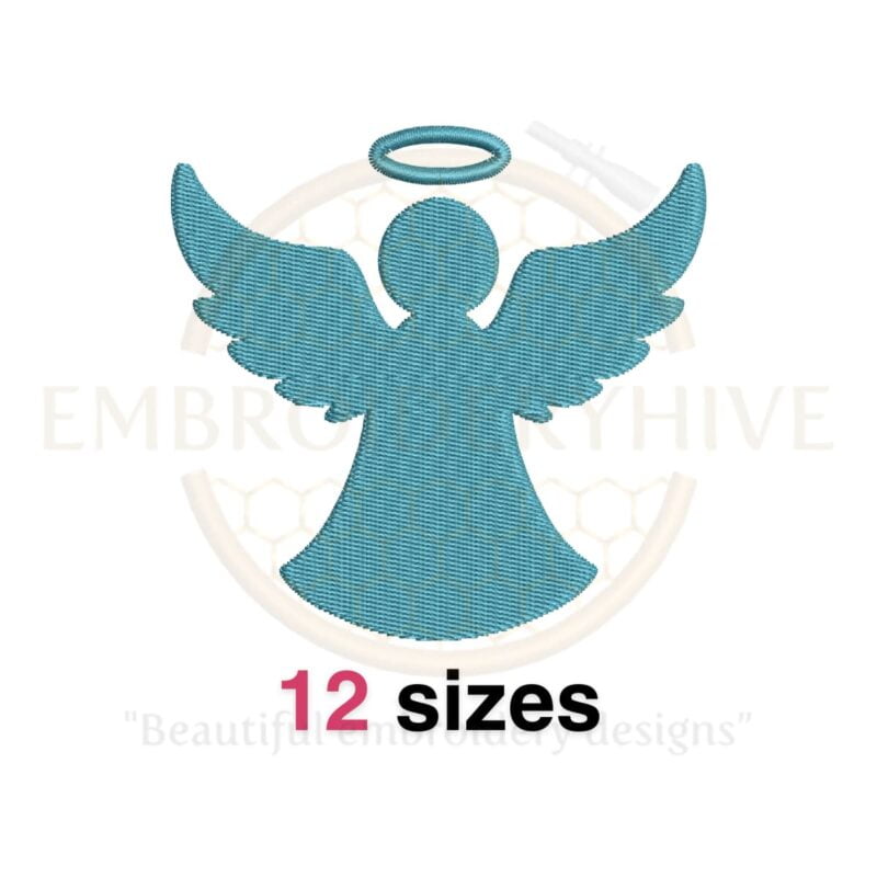 Angel embroidery design with wings in 12 sizes, perfect for Christmas and christening projects.