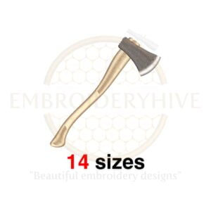 Axe silhouette embroidery design in 14 sizes for lumberjack-themed projects, available in multiple machine formats.