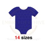 Baby bodysuit embroidery design available in 14 sizes, ranging from 1 to 7.5 inches, perfect for newborn baby-themed projects."