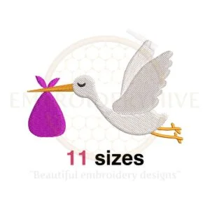 Baby Stork Embroidery Design - Machine Embroidery in 11 Sizes from 2.5 to 7.5 Inches