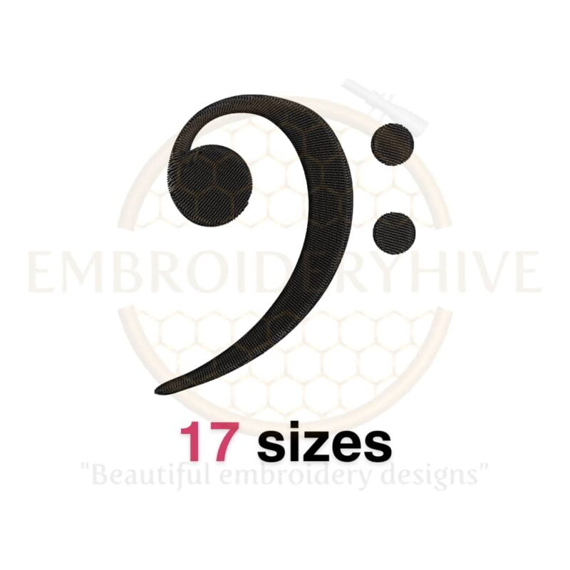 Elegant Bass Clef embroidery design in 17 sizes, perfect for music-themed machine embroidery projects.