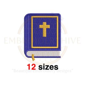 Bible embroidery design featuring the Holy Bible book symbol, available in 12 sizes, perfect for Christian-themed projects.