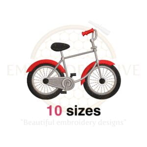 Bicycle embroidery design featuring 10 sizes from 3 to 7.5 inches in width. Perfect for sports and kids' projects. Formats available: DST, EXP, PES, and more.