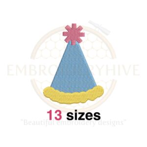 Birthday hat embroidery design with filled stitch, perfect for party-themed projects, available in 13 sizes from 1.5 to 7.5 inches.