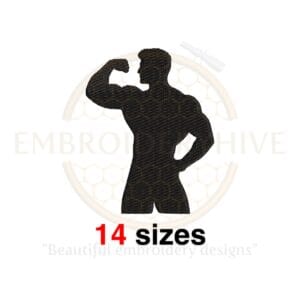 Bodybuilder silhouette embroidery design, available in 14 sizes for machine embroidery.