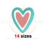 Boho heart embroidery design in 14 sizes from 0.75 to 4 inches, featuring a heart silhouette with fill stitching for boho-inspired projects.