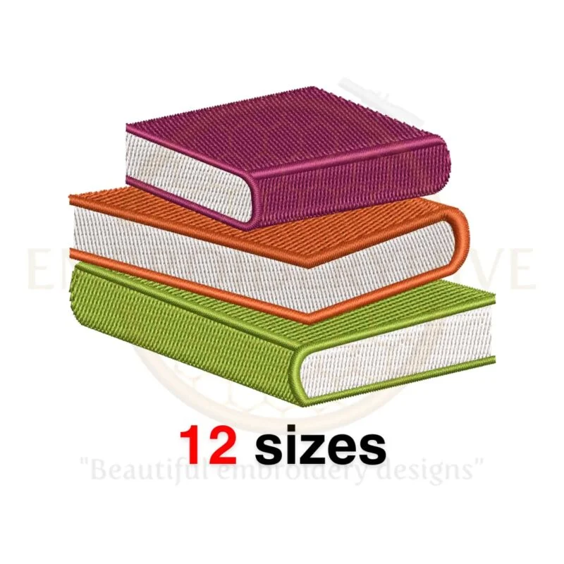 Embroidery design of a stacked books illustration, available in 12 sizes for book lovers and library-themed projects.