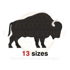 Buffalo embroidery design featuring a silhouette with fill stitch, available in 13 sizes ranging from 1.5 to 7.5 inches in width.