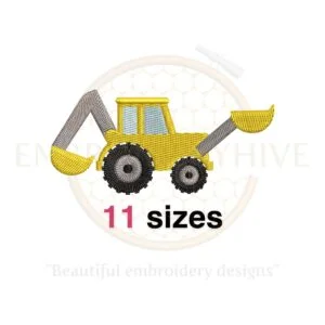 Bulldozer embroidery design with 11 sizes, perfect for construction-themed projects or apparel, available in multiple formats.