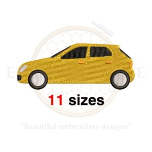 Car embroidery design available in 11 sizes, featuring a car silhouette in fill stitch for machine embroidery projects.